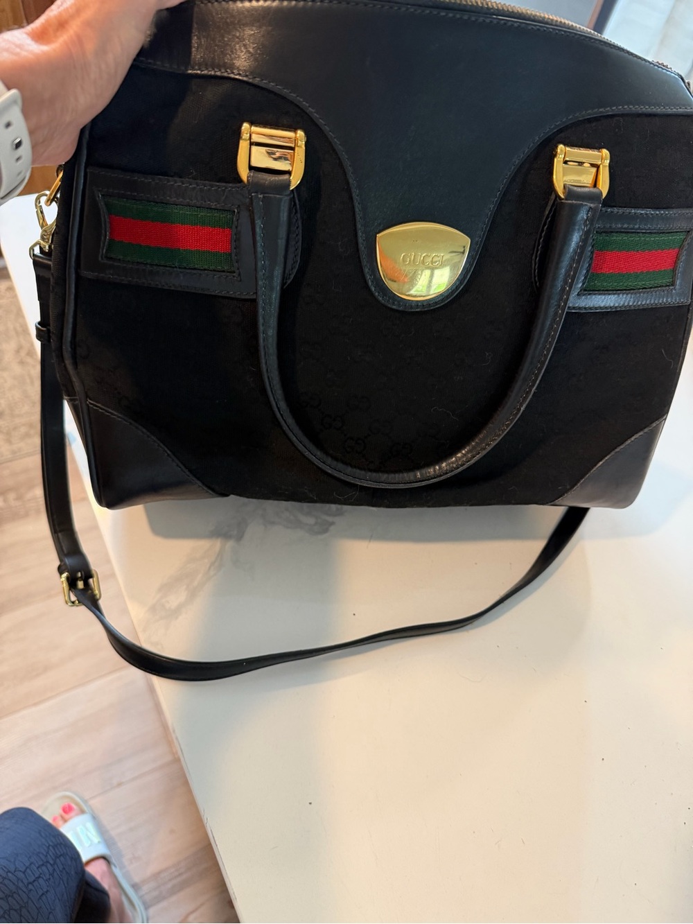 Gucci Black Leather & Canvas Shoulder Bag with Green-Red Web Stripe